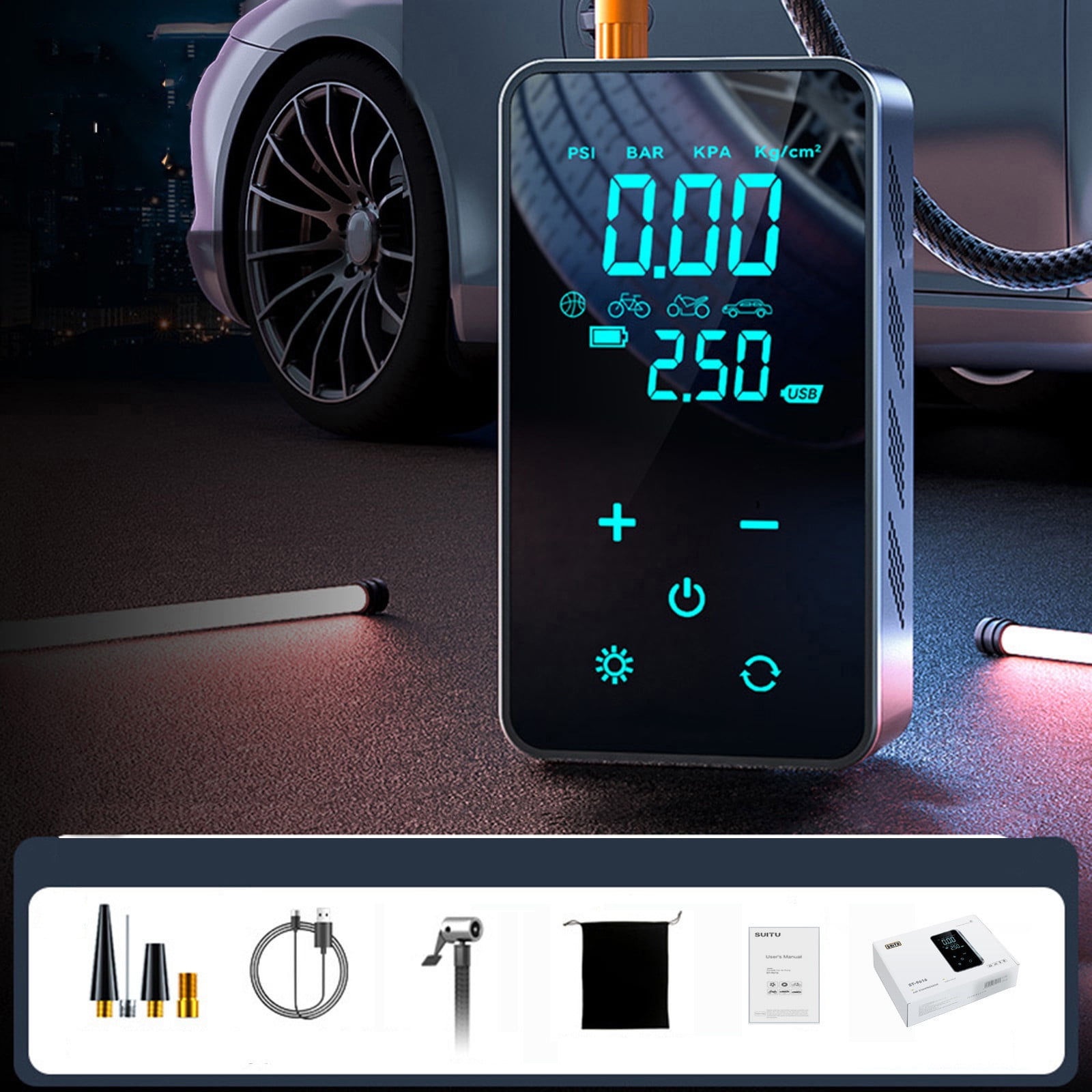 45W Portable Wireless Car Tire Inflator Air Compressor 150Psi With Touch Screen Led Light Power Bank 3600Mah