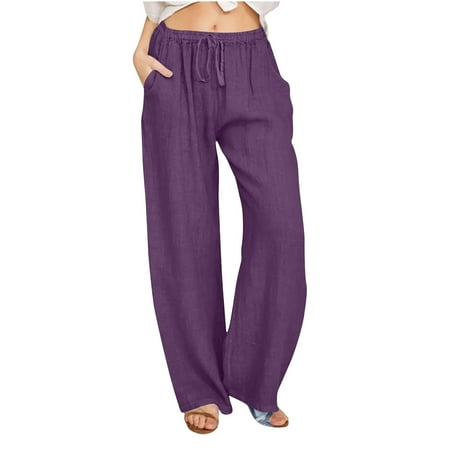 Fanxing Summer Chambray Pants Women Cotton Linen Capris Casual Sweatpant Straight Leg Cropped Pant Loose Fit Lounge Pant Trousers Deals Of The Day Lightning Deals Today Prime Purple,XL Female