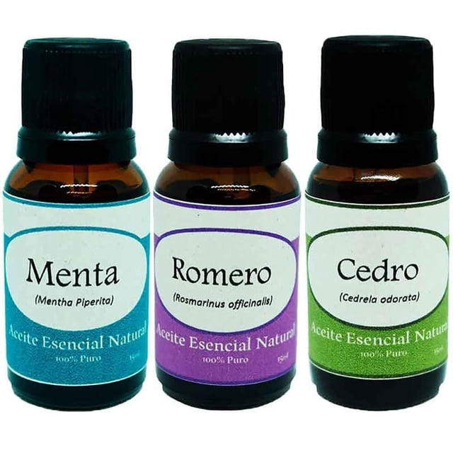 Pack de 3 aceites esenciales naturales Krisamex menta, romero y cedro 15 ml c/u