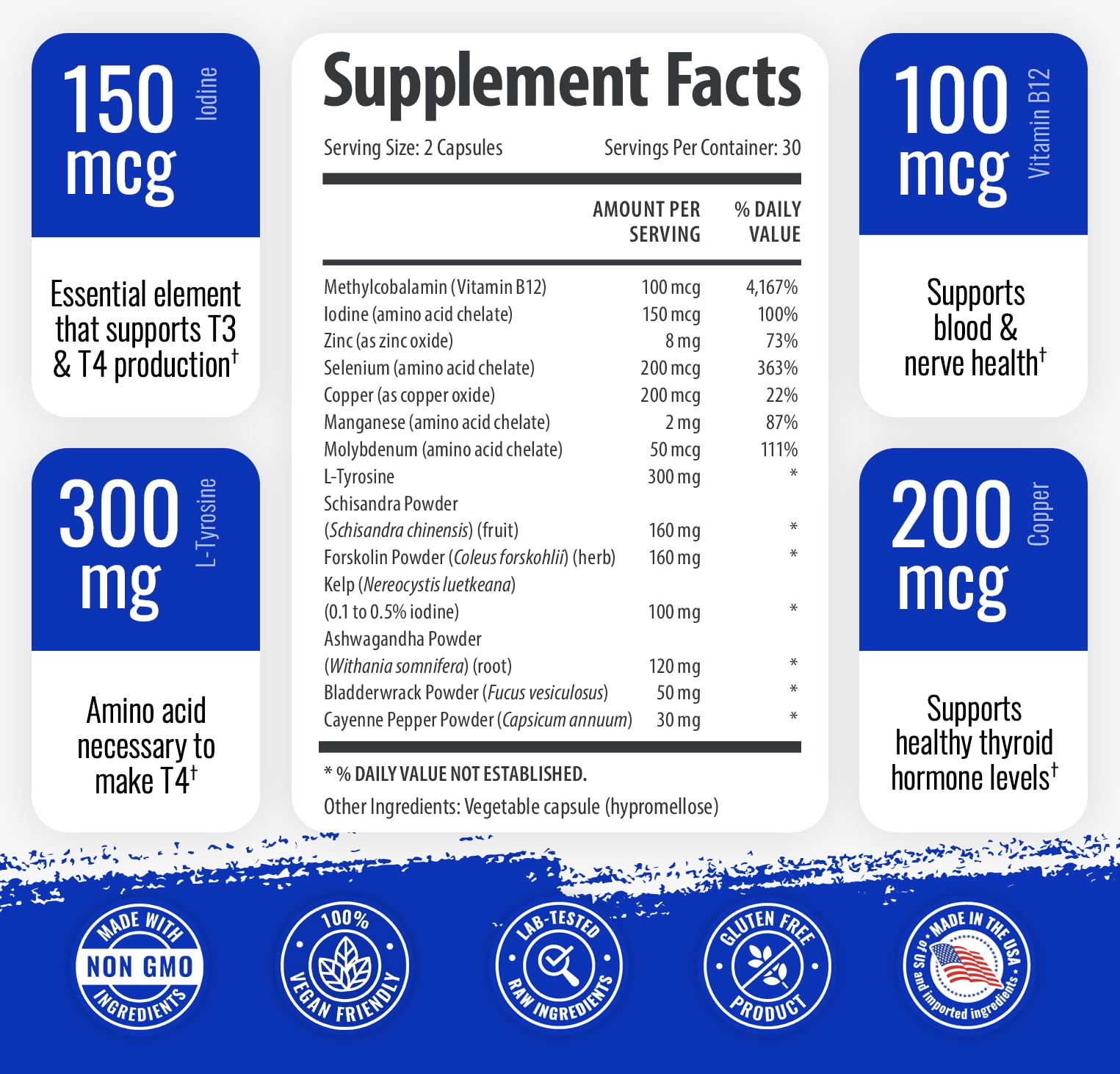 1 Body Thyroid Support Iodine Supplement Vegetarian & Non-GMO Capsules with Selenium,Vitamin B12 Complex, Zinc, Ashwagandha