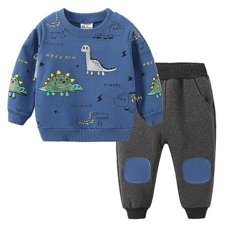 

QQBABY Boy Clothes 2T Boys Dinosaur Clothes Little Boy Clothing Long Sleeve Pullover Jogger Pants Kids 2 Pieces Outfits(Blue 5-6 Years)
