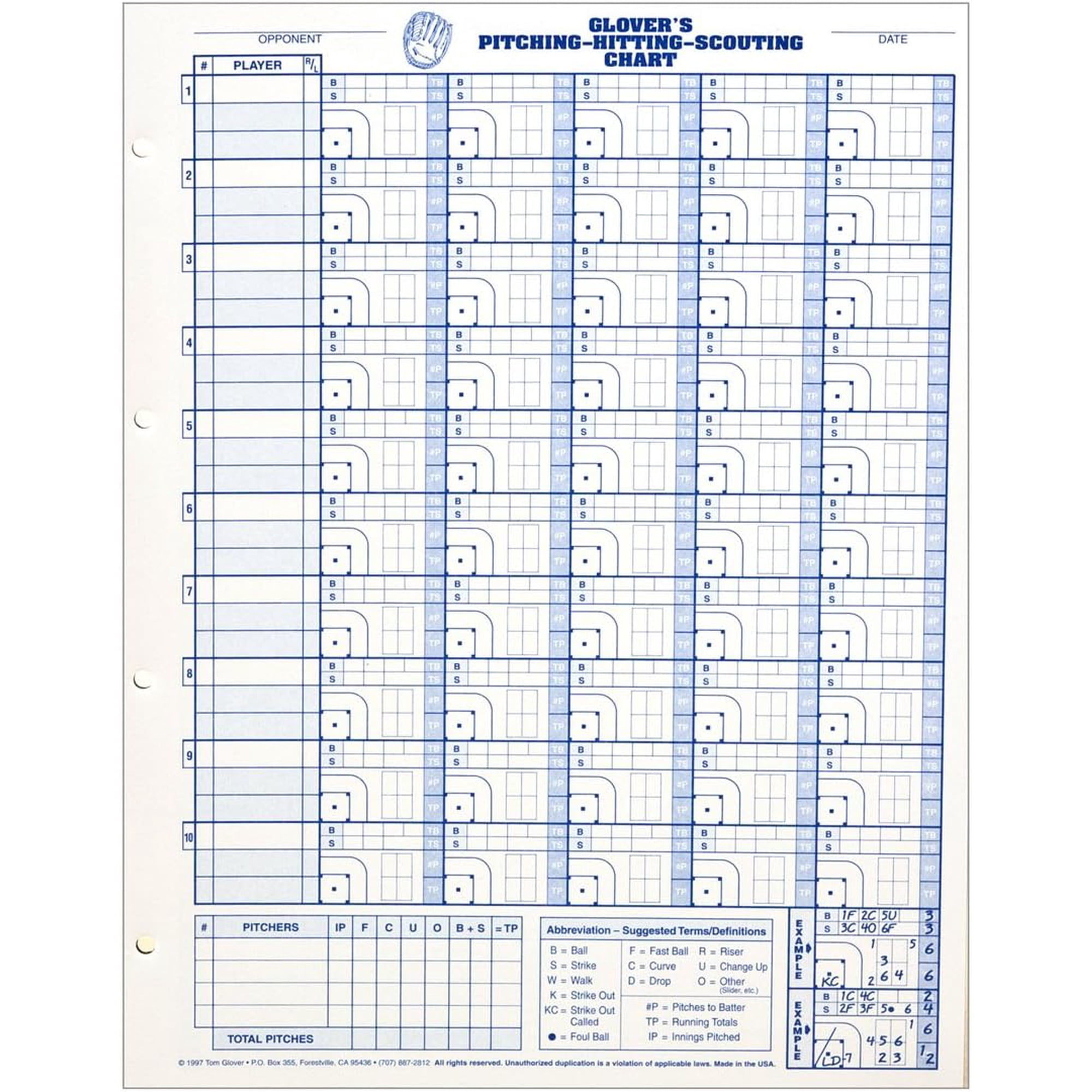 Glover's Scorebook Baseball/Softball Pitching-Hitting Scouting Chart