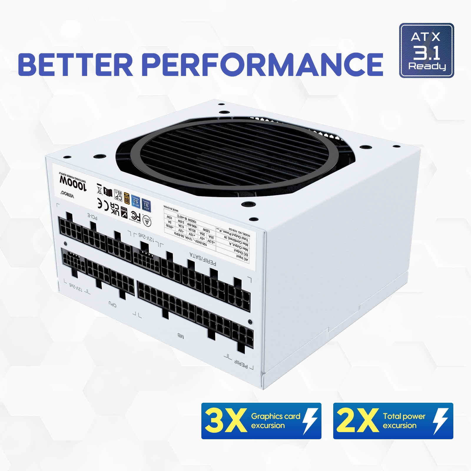 Vetroo 1000W Power Supply ATX 3.1 Ready Dual PCIe 5.1, White ATX Gaming 80 Plus Gold Full Modular Standard Compact Size PSU, Japanese 105°C Capacitors, Eco Mode w/ 120mm FDB Fan, 10 Year Warranty