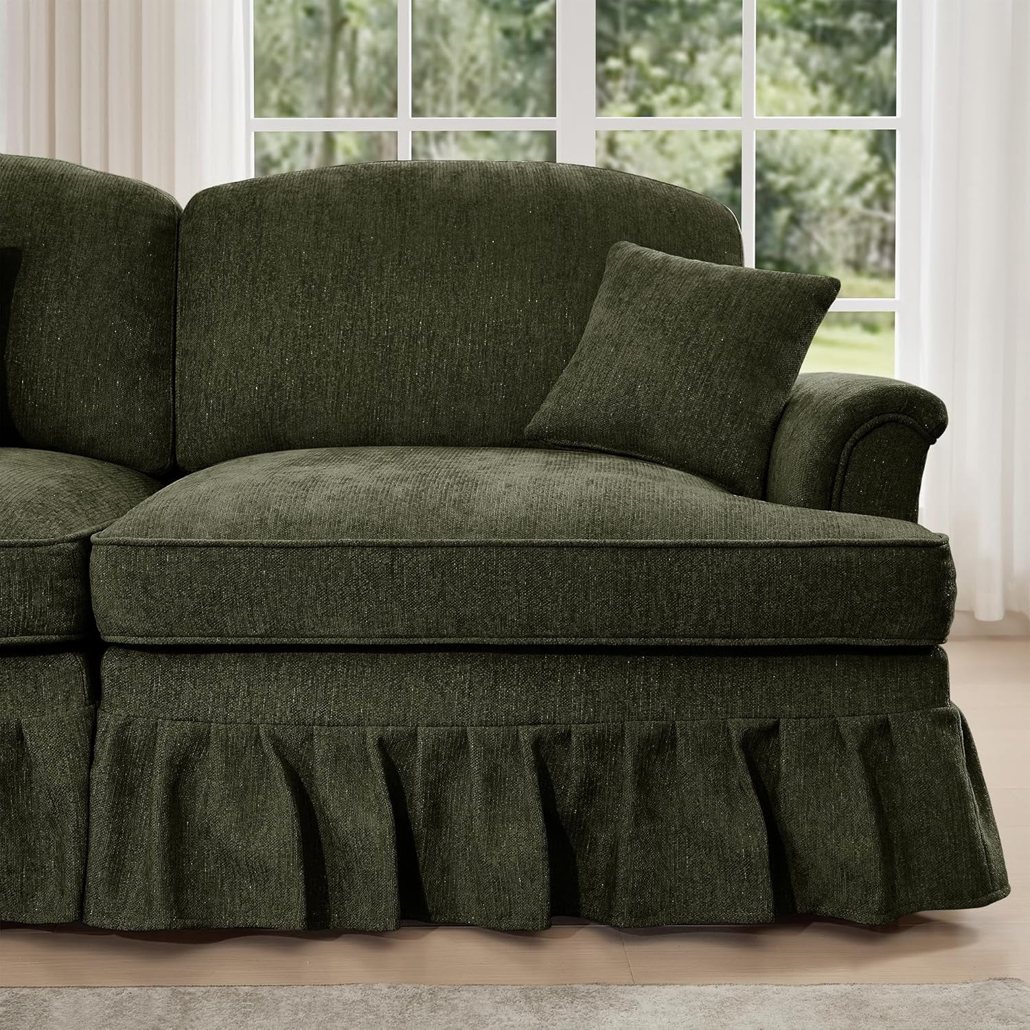 Chenille Sectional Sofa, L Shape 4 Seat Couch with Flared Arms & Removable Ruffles Pleats Skirts, Deep Seat Sofa for Living Room, Green
