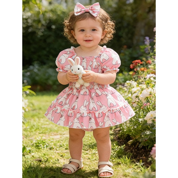 HWJAD Newborn Girls Easter Outfit Baby Girl Romper Dress My First Easter Smocked Romper Dress Cute Bunny Summer Clothes