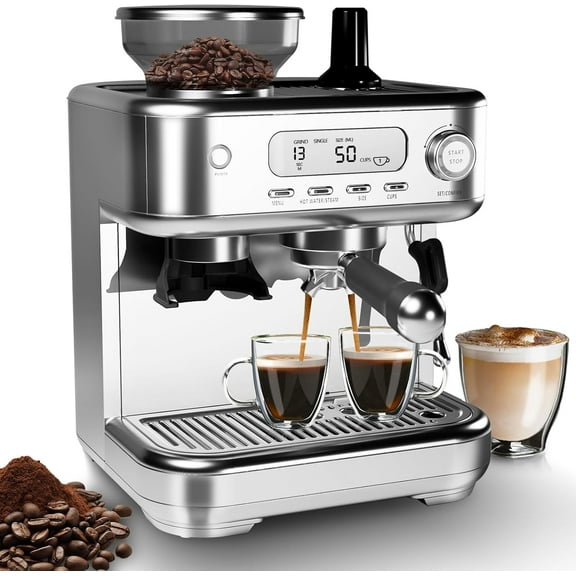 Espresso Machine 15 Bar, LCD Display Espresso Maker with Grinder, Milk Frother and PID Temperature Control, Professional Coffee Maker for Latte Cappuccino - 8.8 Oz Bean Hopper