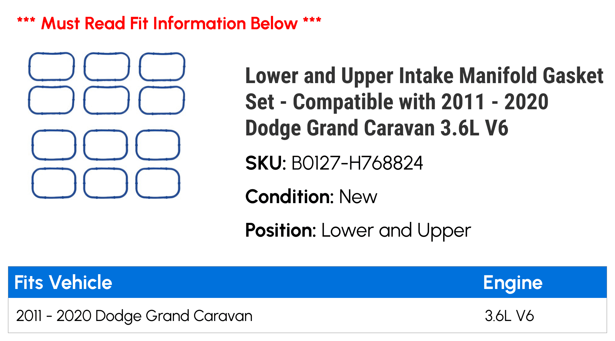Lower and Upper Intake Manifold Gasket Set - Compatible with 2011 - 2020 Dodge Grand Caravan 3.6L V6 2012 2013 2014 2015 2016 2017 2018 2019