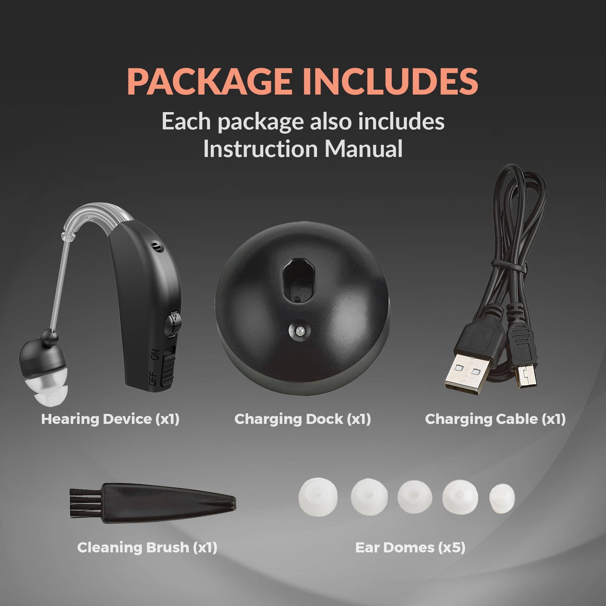 MEDca Rechargeable Hearing Aid for Seniors, Personal Sound Amplifier, Black - Single Ear