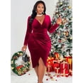 thumbnail image 2 of Plus Size Womens Burgundy V Neck High Waist Midi Dress Long Sleeve Knitted Bodycon Slit Fall Winter, 2 of 6