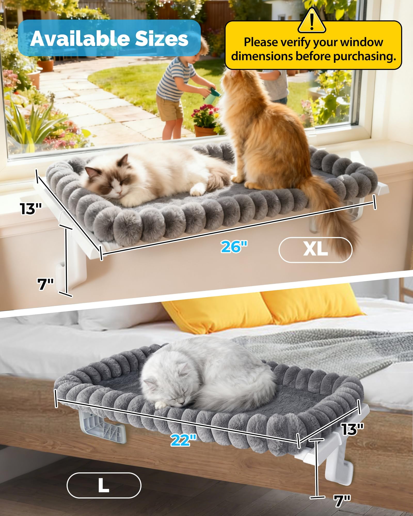 NRYDEPET Heavy-Duty Cat Window Perch – Soft Cozy Warm Plush Cover with Raised Edge, Durable Easy-Assemble Hammock for Large & Multiple Cats(L)