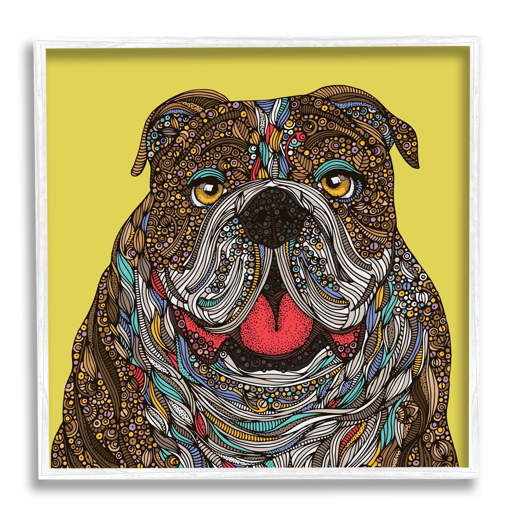Stupell Industries Smiling Bulldog Bold Creative Mandala Patterns Shapes Graphic Art White Framed Art Print Wall Art, Design by Valentina Harper