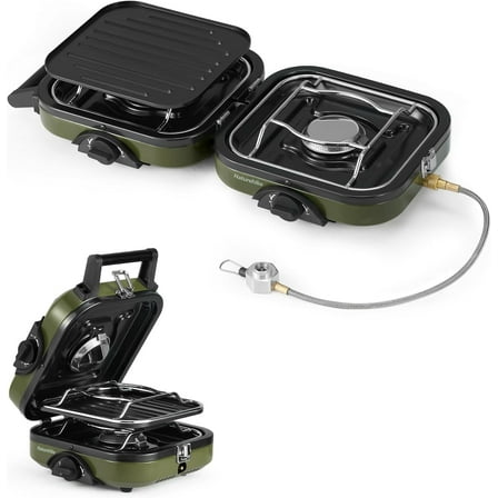 Naturehike 2 Burner Folding Camping Stove with Griddle, Portable Camp Isobutane Gas Stove with 16000 BTU Adjustable Burners & Piezo Ignition