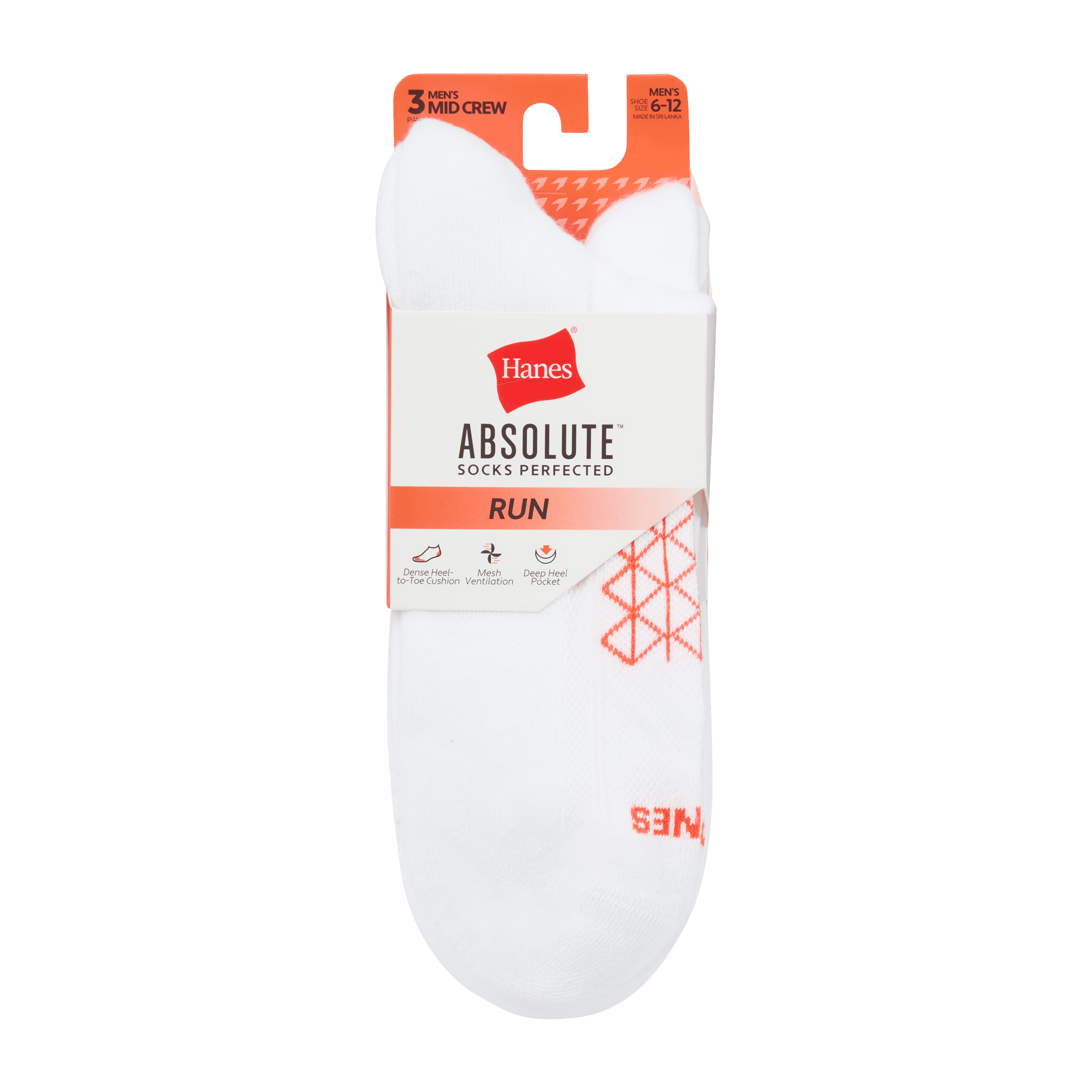 Hanes Mens Absolute Run Comfort Cushioned Crew Socks, 3-Pairs