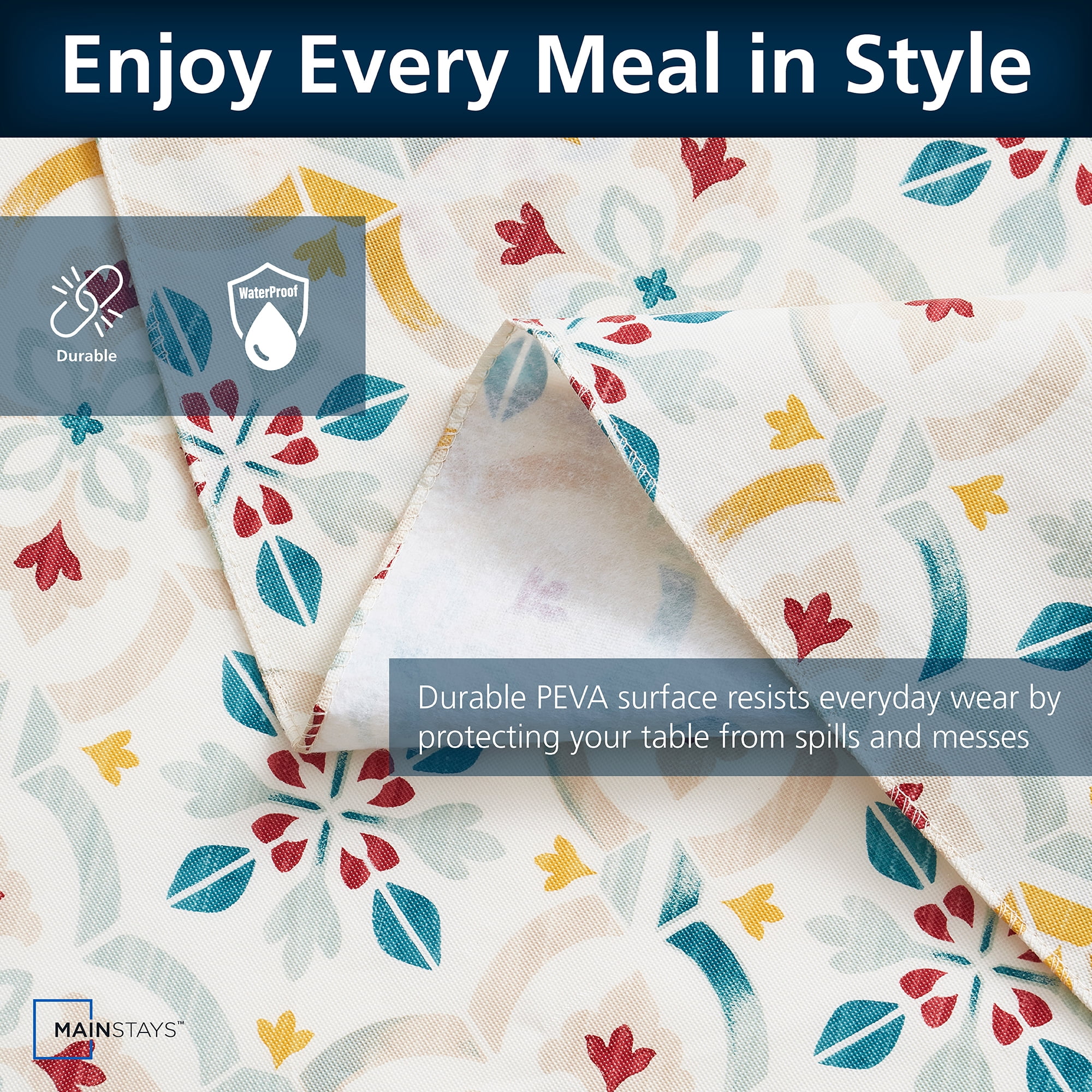 Mainstays PEVA Everyday, Indoor & Outdoor Tablecloth 70" Round, Farmhouse Tile