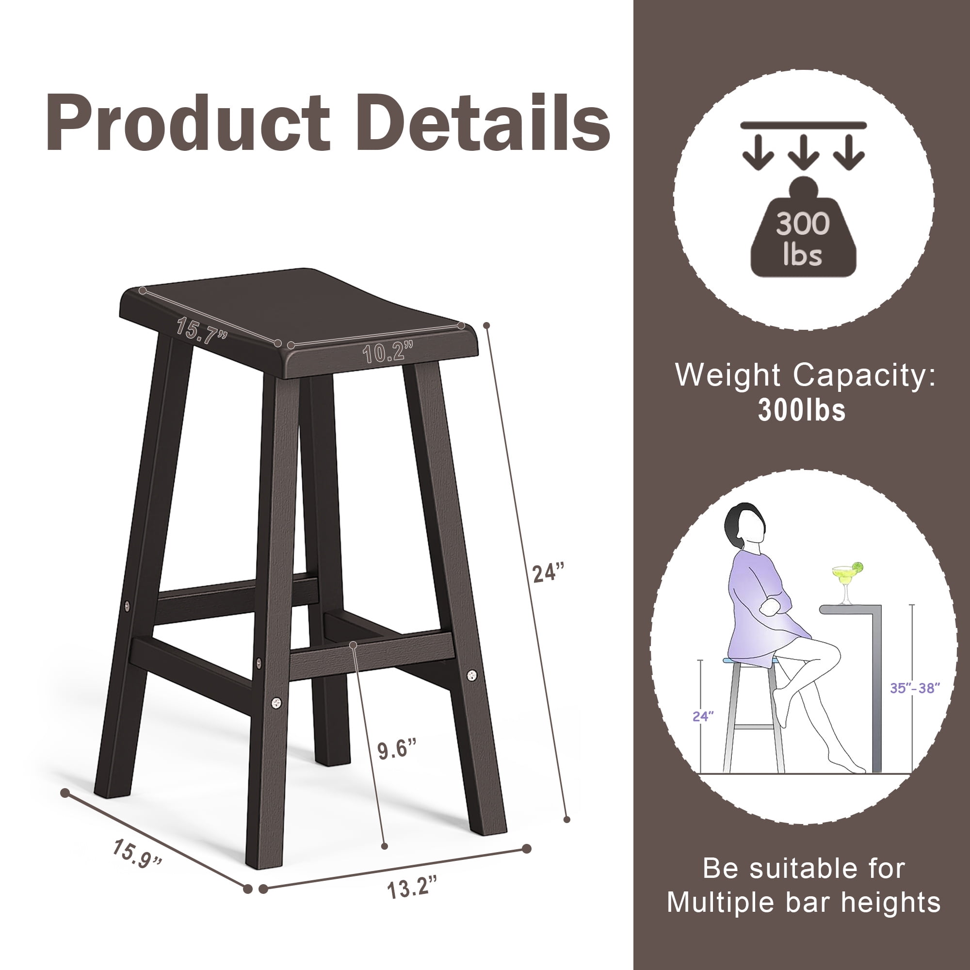 fazzn Solid Wood Saddle-Seat Counter Height Bar Stools for Kitchen Island with Footrest, 24-Inch Height, Black, Set of 2.Father's Day Gift