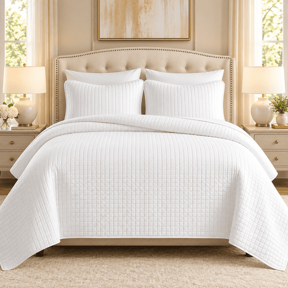 Shubozy Ultrasonic Reversible Quilt Sets, Lightweight Full/Queen Bedspread with Pillow Shams – Soft All-Season Bedding Coverlet, White, Queen 90" x 98