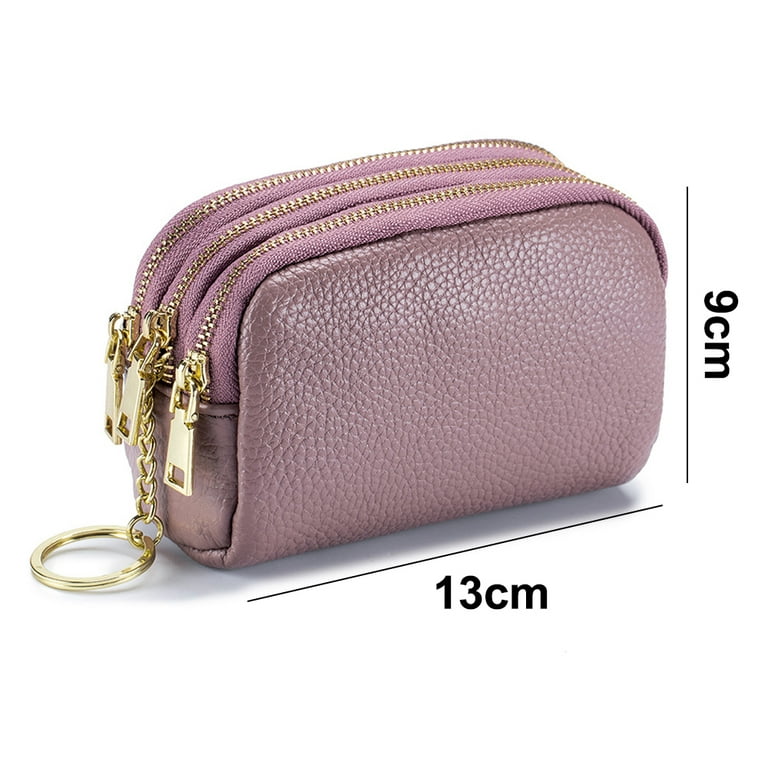 Women Leather Coin Purse, Small 3 Zippered Change Pouch Wallet - purple