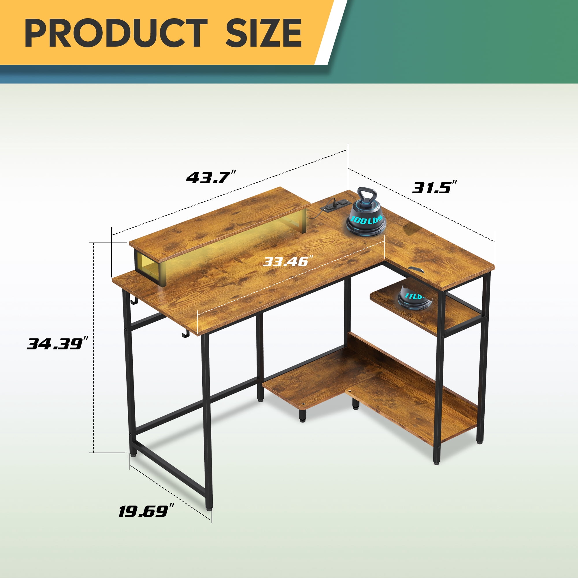 GALAXHERO 43 Inch L Shaped Gaming Desk with LED Lights & Power Outlets, Corner Desk for Small Spaces, Sturdy PC Computer Table with Storage for Home Office, Rustic Brown