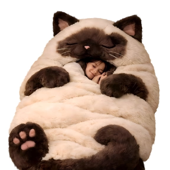 AUQ Cold Weather Sleeping Bag for Adults, Fluffy Cat Envelope Sleeping Bag, Soft Feline Themed Sleep Sack for Camping and Indoor Lounging, Machine Washable