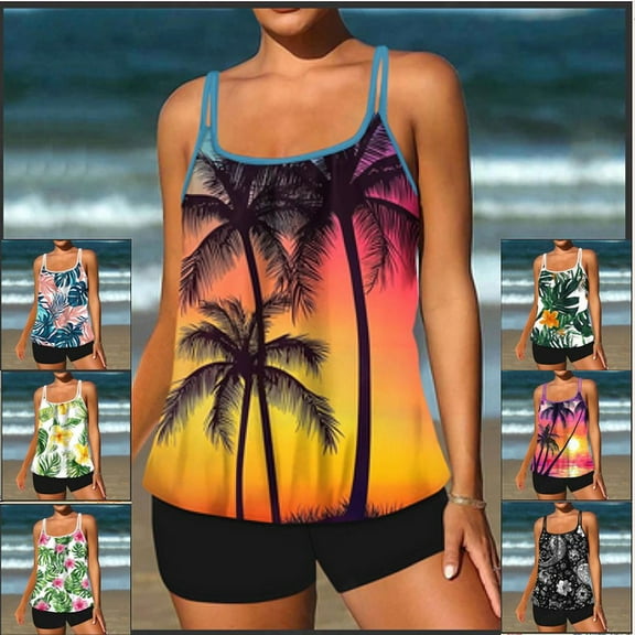 Frostluinai Womens Bathing Suits Tankinis Casual Palm Tree Swimsuits Two Piece Adjustable Strap Tankini Tops with Boyshorts Summer Beachwear