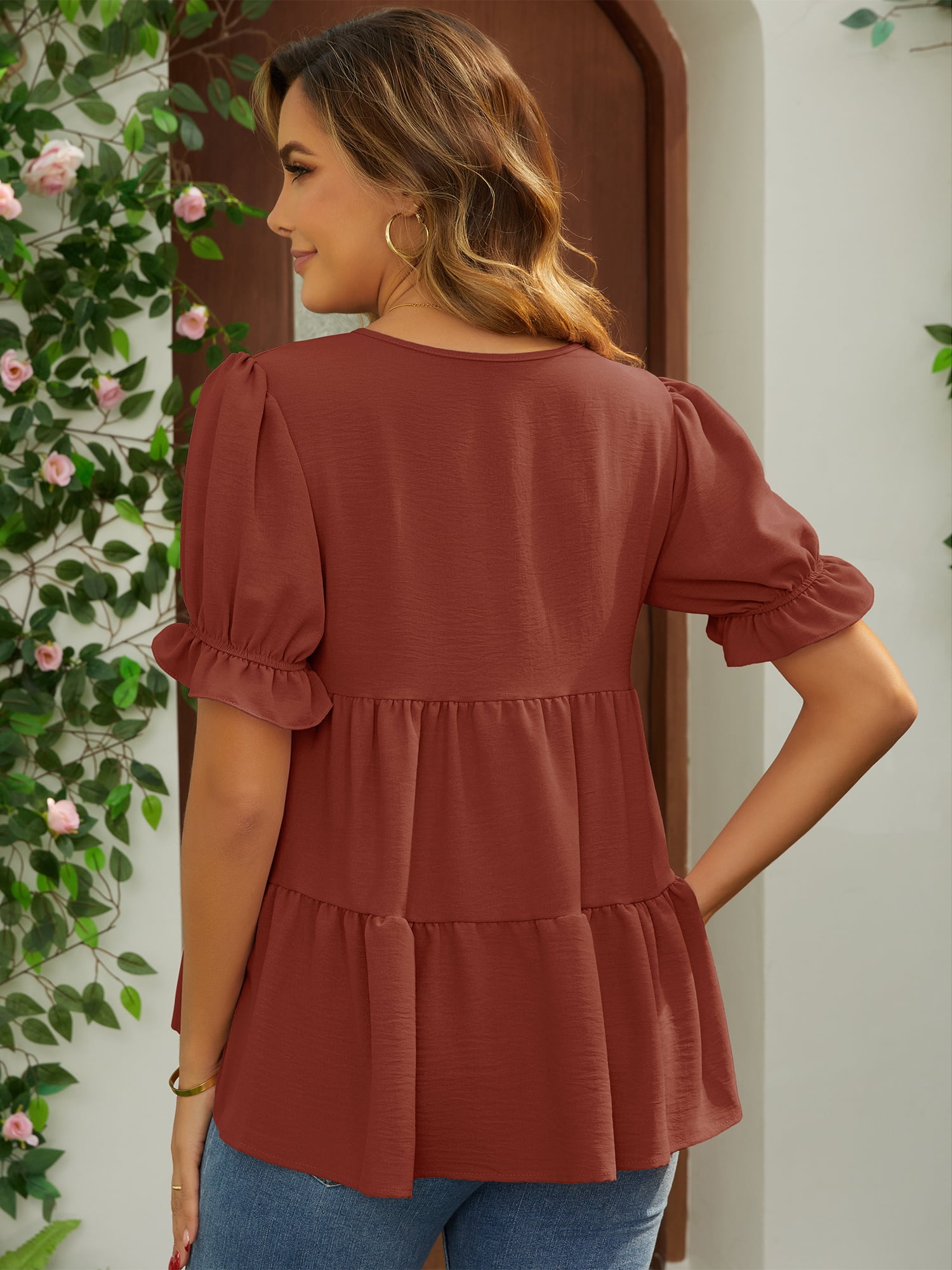 DARING DIVA Women's Maternity Ruffle Short Sleeve Casual Tiered Shirt XL Brown