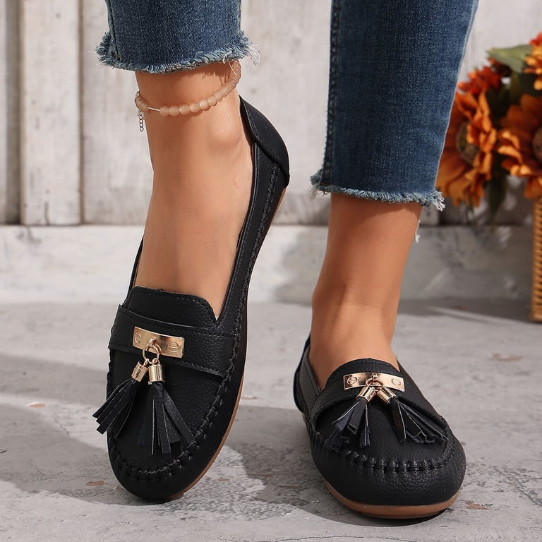 Loafers for Women Slip On Comfortable Leather Tassel Dress Shoes Non Slip  Stitch Low Top Flat Walking Shoes Black Size 7.5 - Walmart.com
