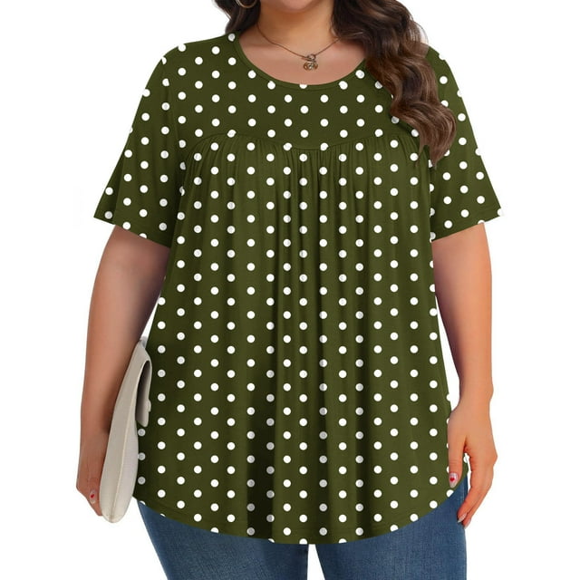 Liquidation Horkkom Hauts Grande Taille pour Femmes Été Décontracté Plissé Manches Courtes Hauts à Pois Col Rond Tunique Hauts 5TG
