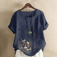 thumbnail image 2 of ZQUUVOU Women's T-Shirt Round-Neck Printed Short Sleeve Button Blouse Navy (2XL), 2 of 4