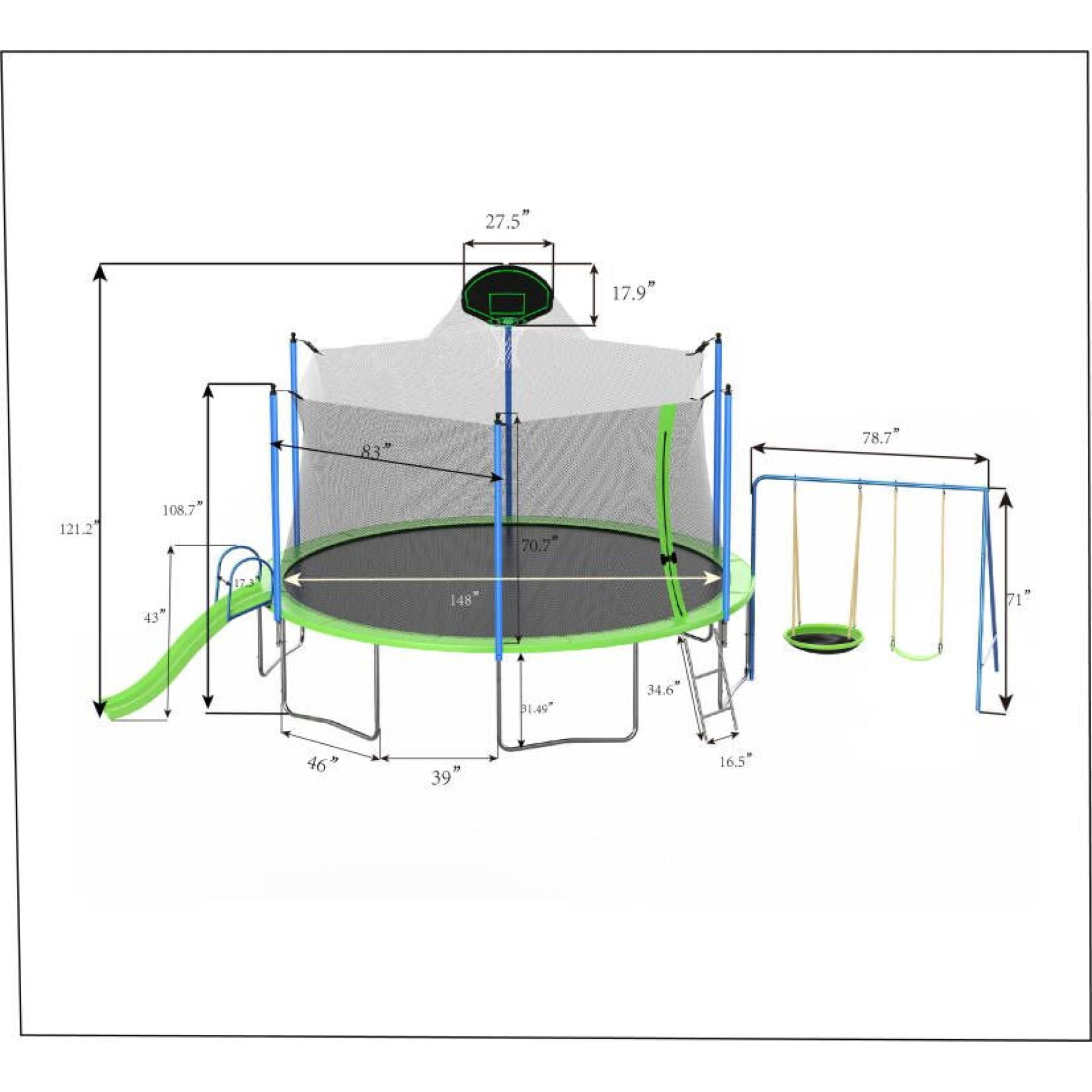 Arspjes 14FT Trampoline with Slide and Swings,Outdoor Large Recreational Trampoline with Safety Enclosure Net,Round Backyard Trampoline with Basketball Hoop and Ladder for Kids and Adults,Green