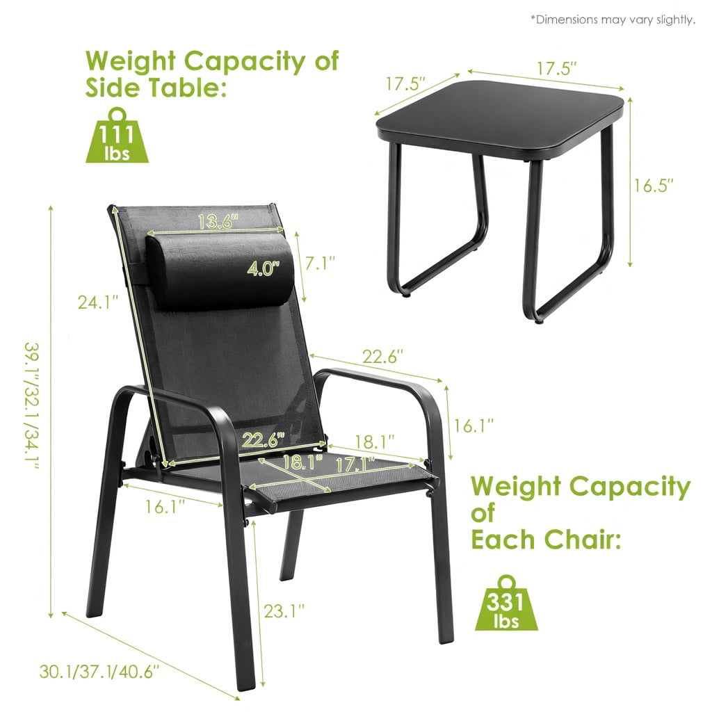 Hommoo 3-Piece Outdoor Bistro Set, Stackable Steel Chairs with Adjustable Backrest & Tempered Glass Table for Patio, Balcony, Porch, Black