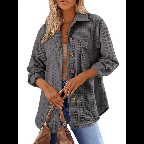 Camisas de Punto Extragrandes para Mujer, Blusas de Trabajo de Larga con Botones, Blusas de Moda de Otoño. Gris M