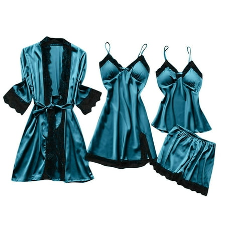 BinBiL Bras Panties for women Clearance Women s 4pcs Silk Satin Pajama Set Sexy Cami Top Nightgown Lace Trim Shorts Pants Sleepwear with Robe Sets Nightdress