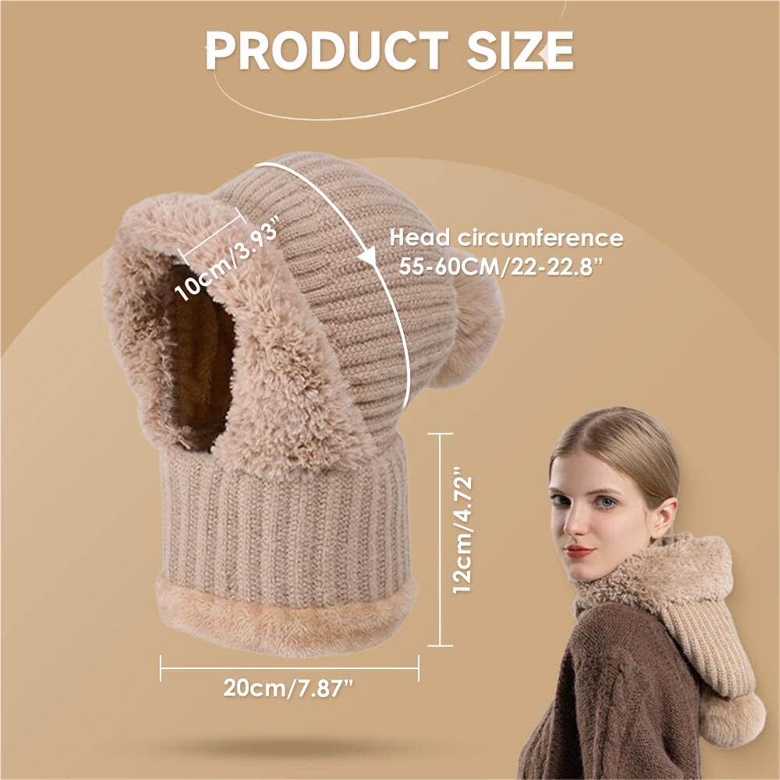 3 in 1 Beanie Hat for Women, Winter Warm Knitted Balaclava Scarf with Face Cover, Windproof Fleece Lined Ski Snow Hat