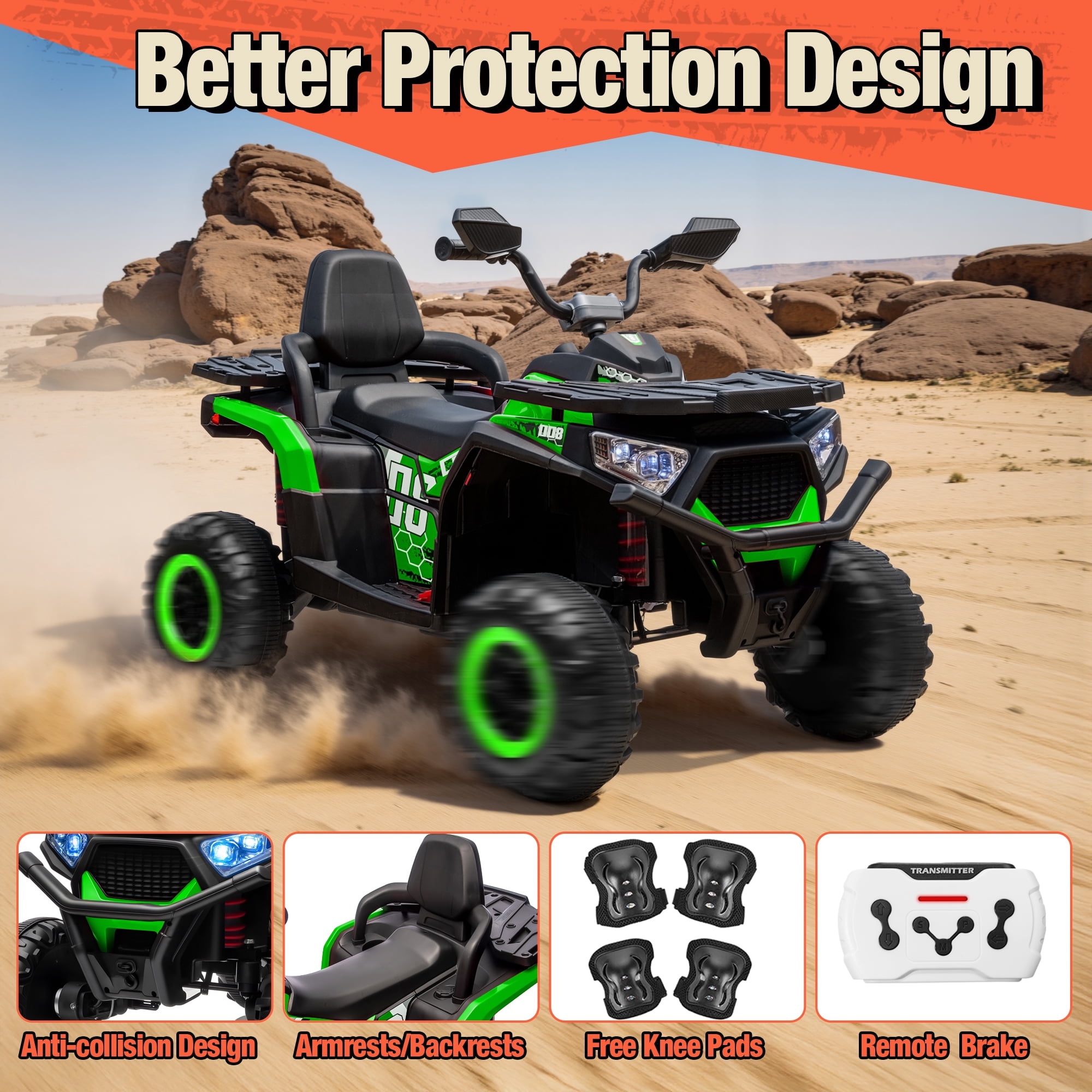 Joyracer 24V 4x4 Kids ATV Electric 4-Wheeler with Leather 2-Seater, 24 Volt Ride on Toys for Big Kids w/ Kneepads, 4x200W Motors, Bluetooth Music, Green