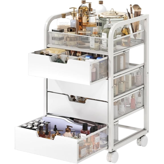 Makeup Organizer Cart with 4 Drawers, Vanity Storage Drawer Carts with Dividers, Nail Cart Organizer Cosmetic Display Cases Cabinet for Skin Care, Nail Polish, Perfume, White