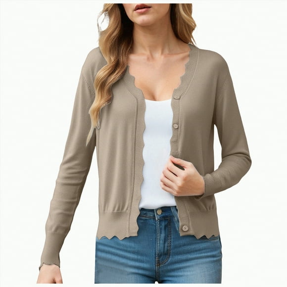 Splozh Ladies Cardigan Sweaters Women Cardigan with Buttons and V Neck Lightweight Fall Cardigan Women Elegant with Lace Khaki,L