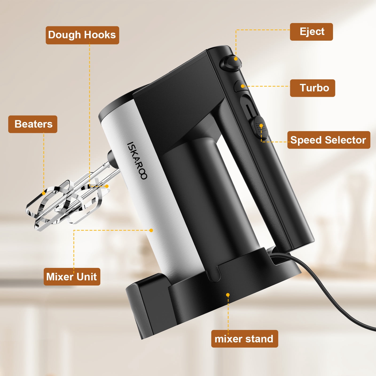 ISKAROO 5 Speed Hand Mixer with Stainless Steel Beaters, Dough Hooks, Cookie Mixer, 5 Speed with Turbo Boost, Food Beater for Kitchen Baking Cakes, Eggs, Cream, Black