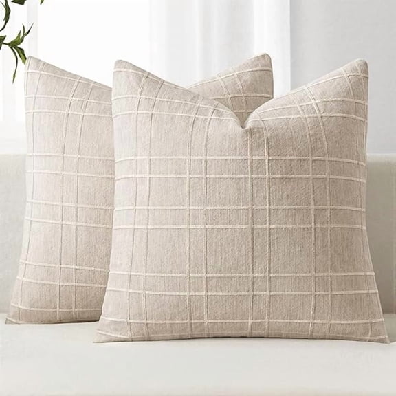 Decorative Linen Check Throw Pillow Covers Neutral Farmhouse Vintage Pillow Covers 20x20 Set of 2 Boho Modern Home Decor for Sofa Couch Bedroom Cushion Natural Beige
