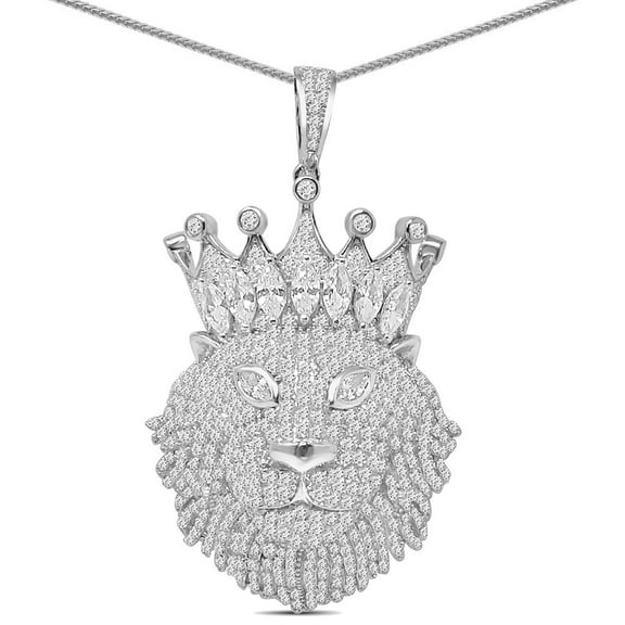 30  Grams Real Genuine Sterling Silver 4.55 Cwt. Baguette/Round Cut Simulated Diamond Lion King Face Crown Head 3D Look Charm Pendant  Chain White Gold Finish