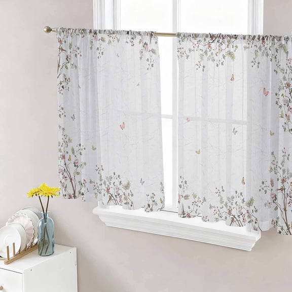 Vintage Botanical Semi Sheer Window Curtains 54 Inches Long, Spring Floral Botterfly Summer Flower Rod Pocket Voile Silky Chiffon Curtain Light Filtering Drapes for Living Room, 52"x54", 2 Panels