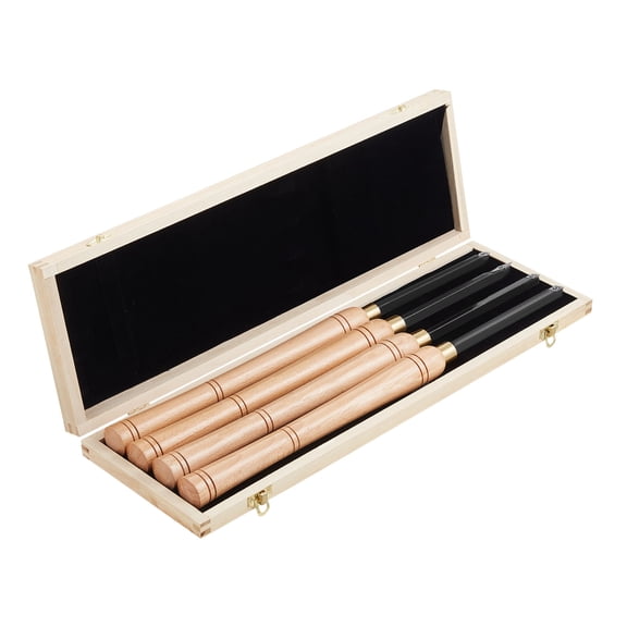 KFFKFF Wood Lathe Turning Tool Set, 4PCS, Includes Roughing, Finishing, Detailing, and Hollow Tools with Wooden Handles, Carbide Inserts in Diamond, Round, and Square Shapes, Wooden Storage Box