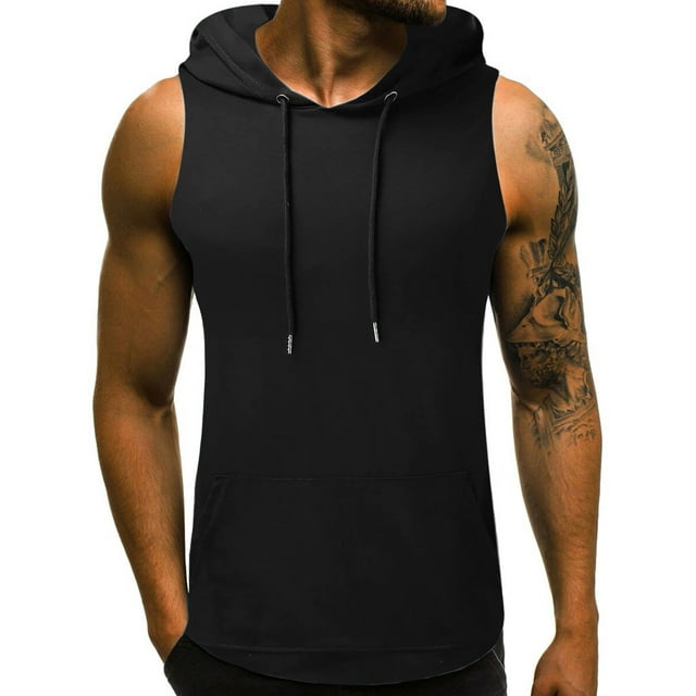 Dvkptbk Fashion Men Sleeveless Solid Color Drawstring Casual Tank Hort Sleeve Hooded Blouse