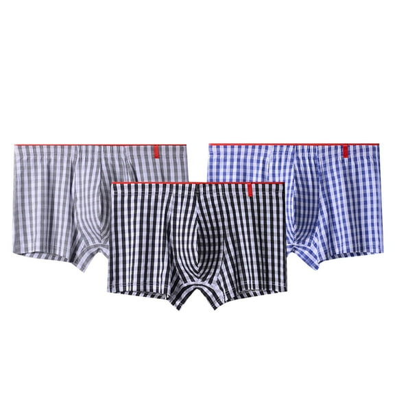 LYEAA Underwear for Men Boxers Cotton 3-Pack Soft Breathable Trunks Plaid Plus Loose Comfortable Athletic Underpants Elastic Waistband Fashion Support Pouch Briefs No fly Multicolor L