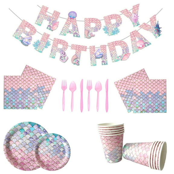 117 pcs Birthday Decorations Serve 16Guests the Under the Sea Princess Birthday Party Decor Party Supplies Tableware Paper Plates and Napkins Cups Cake Pan for Girls