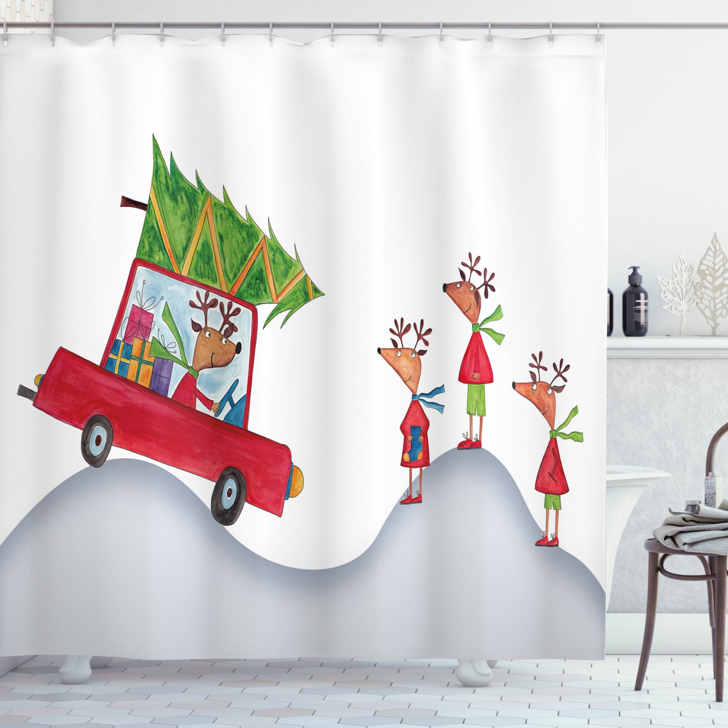 Christmas Stall Shower Curtain Retro Car with Tree Print for Bathroom 36"x72" 