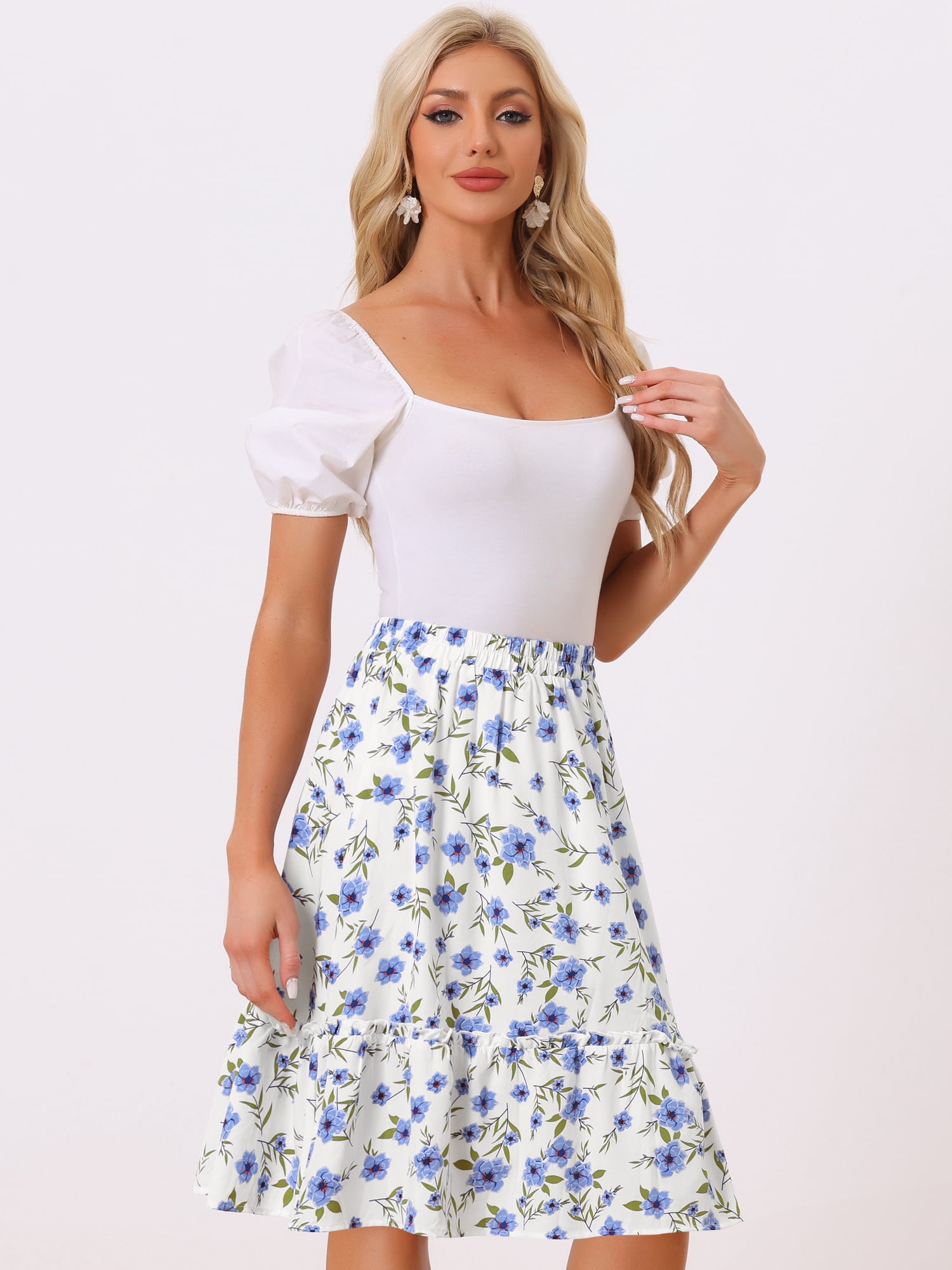 DARING DIVA Women's Flowy Ruffle Hem Tiered Floral Midi Skirt L Light Blue
