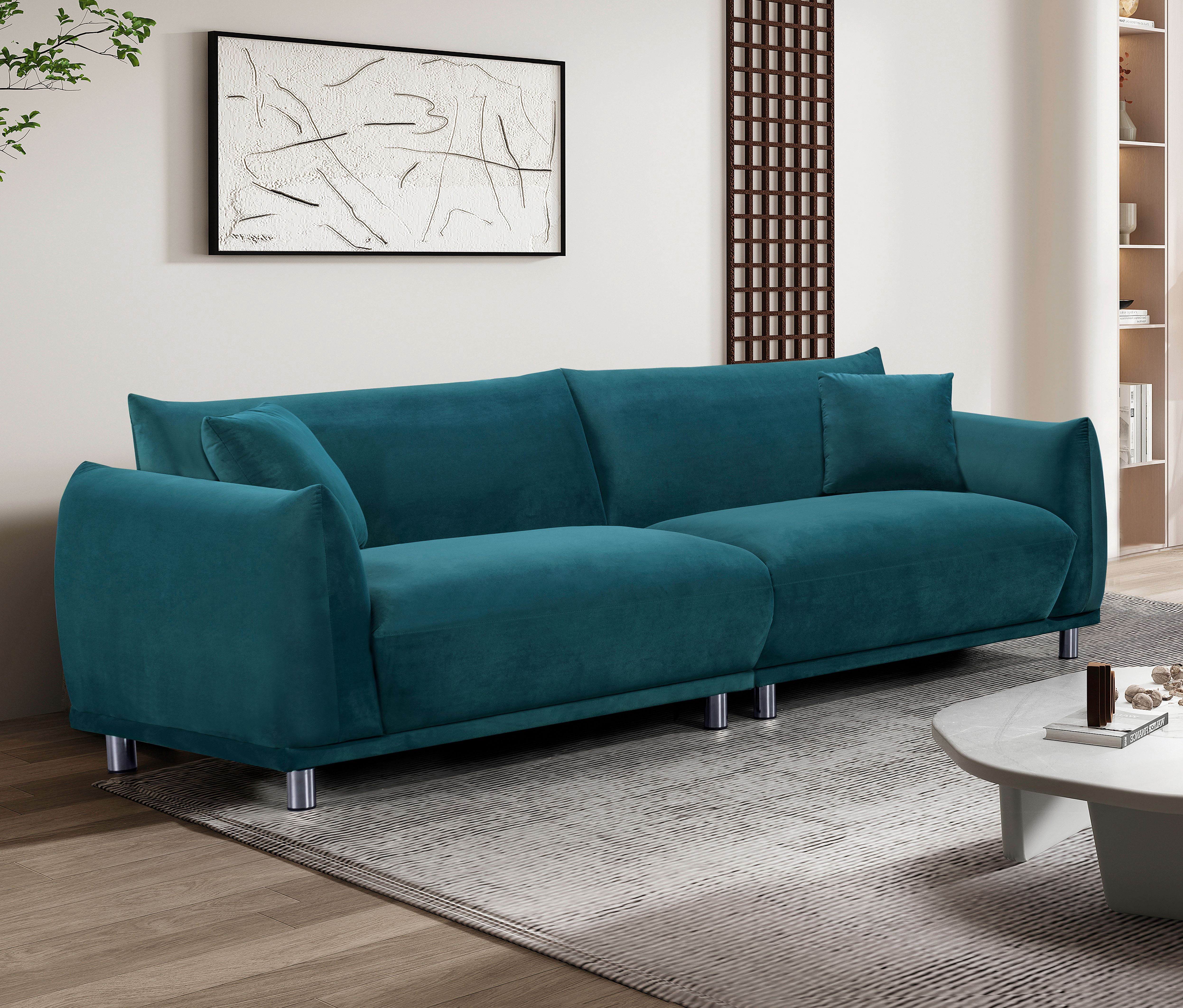 US Pride Furniture Bernadine 88.2''W Metal Legs Velvet Sofa, Greenish Blue