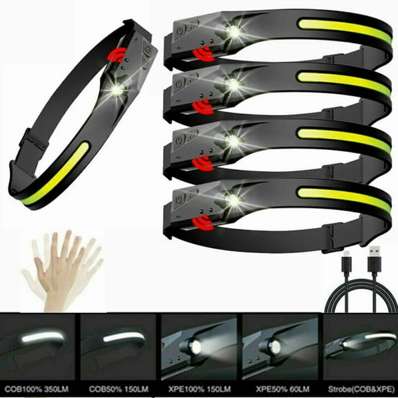 1~6x COB LED Motion Sensor Headlamp USB Rechargeable Headlight Torch Flashlight