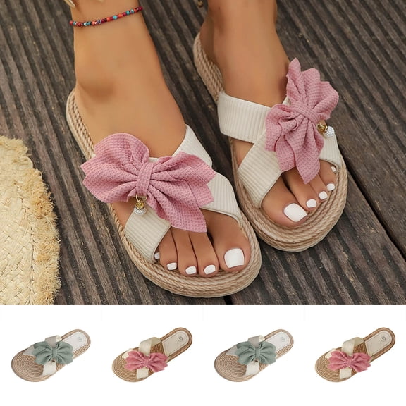Miluxas Women's Bow Sandals Boho Cute Straw Open Toe Dressy Summer Beach Vacation Slides Shoes Pink 9(42)