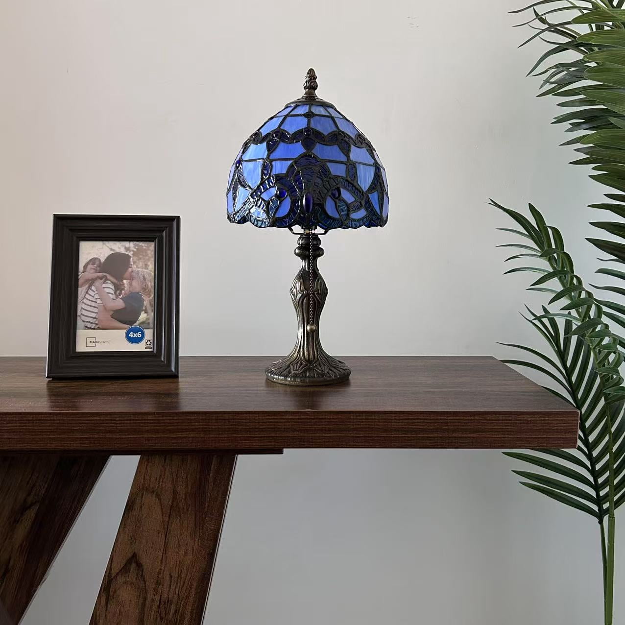 Tiffany Mini Table Lamp Blue Stained glass Baroque Style Lavender LED Bulb Included Pull Chain Switch for Living Room Dining Room Bedroom Bedside 14"H*8"W